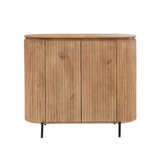 Naturel houten kabinetkast met 2 deuren, rond bovenblad en zwarte pootjes.