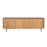 Tv-meubel naturel hout met 4 deuren en zwarte pootjes, ronde vorm.