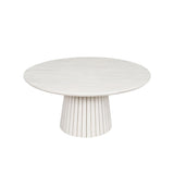 Ronde salontafel met zandkleurig blad en centrale mangohouten pootconstructie