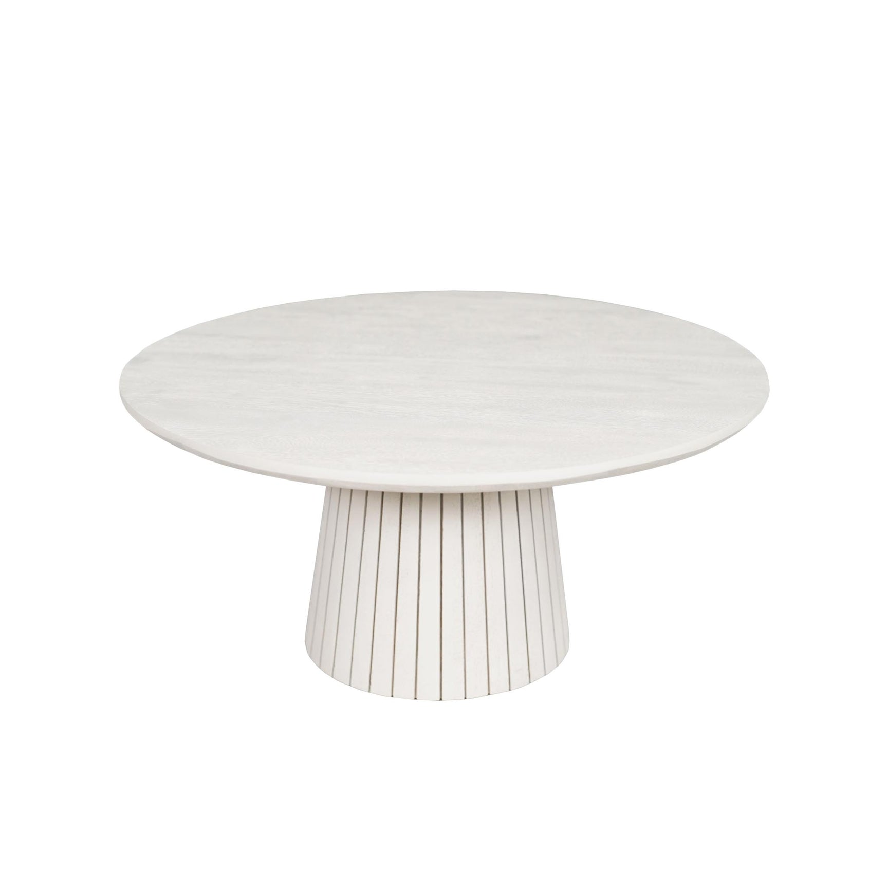 Ronde salontafel met zandkleurig blad en centrale mangohouten pootconstructie