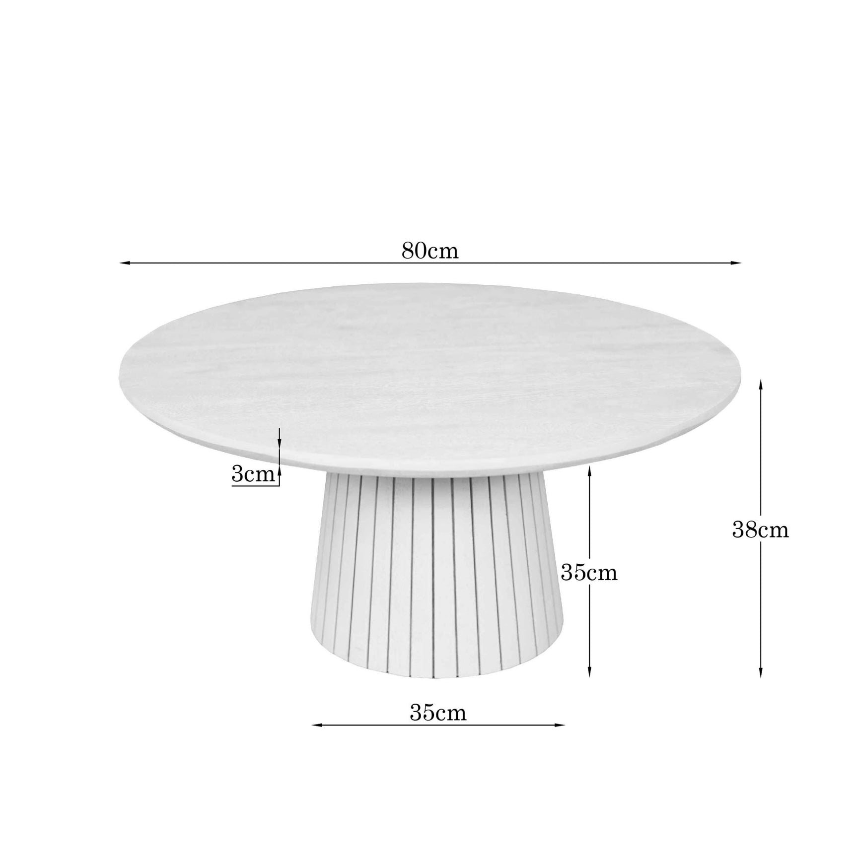Ronde salontafel met afmetingen: 80 cm, 38 cm hoog en 3 cm dik blad