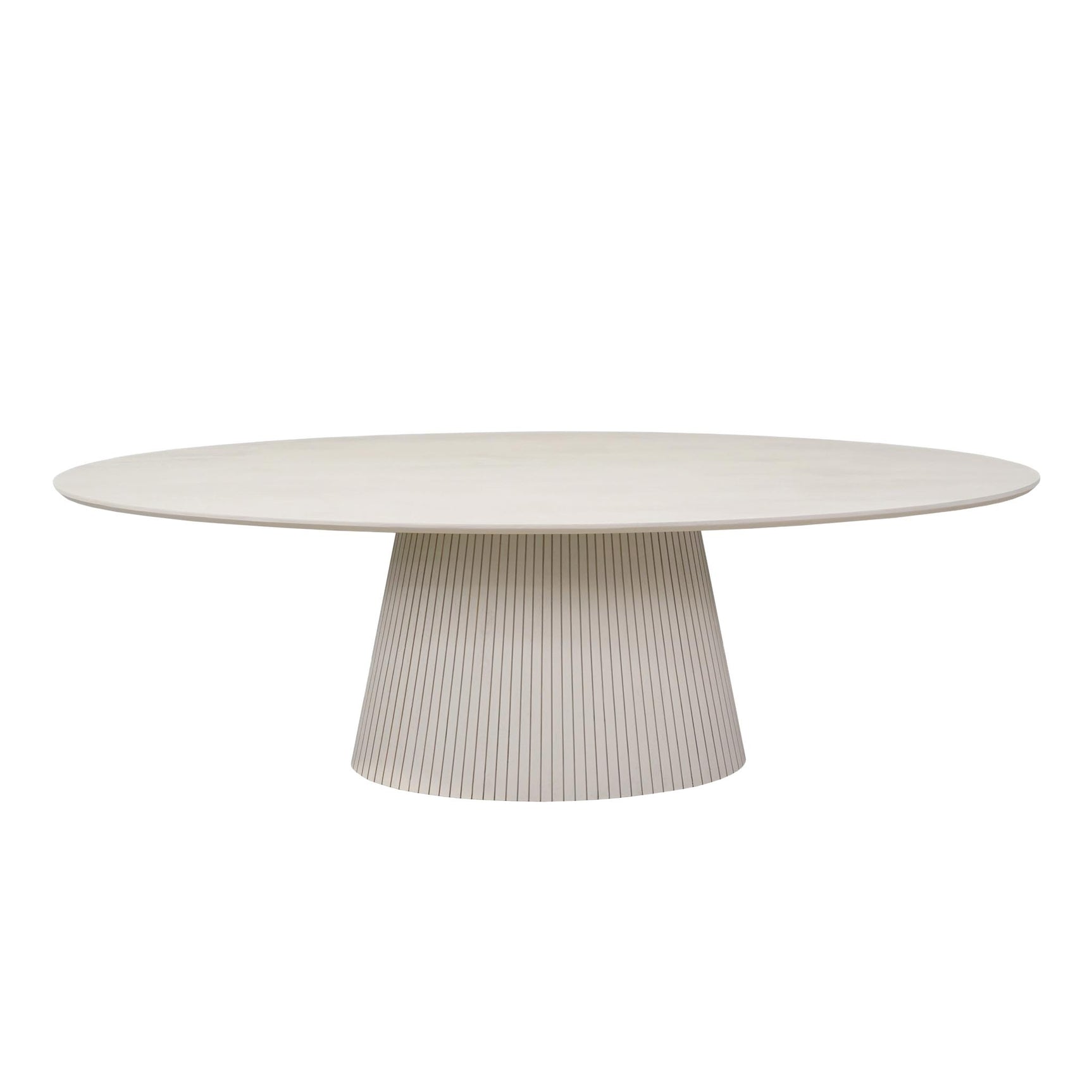 Ovale eettafel met zandkleurig blad en geribbelde mangohouten poot