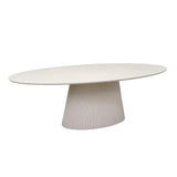 Ovale eettafel met zandkleurig blad en taps toelopende geribbelde poot