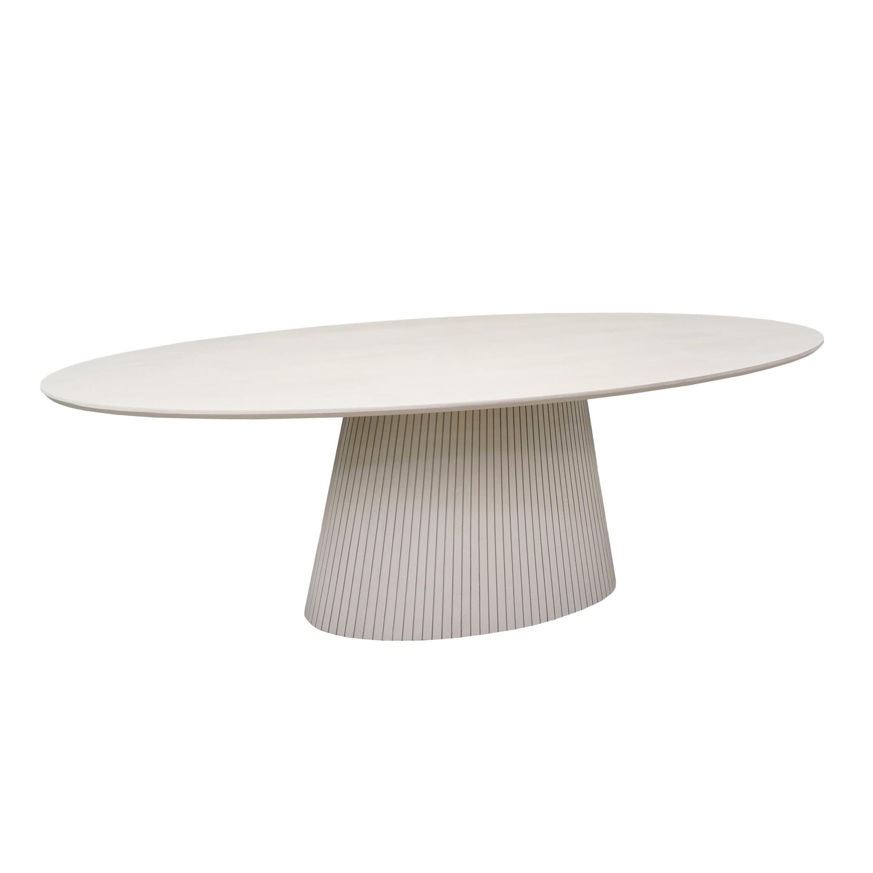 Ovale eettafel met zandkleurig blad en taps toelopende geribbelde poot