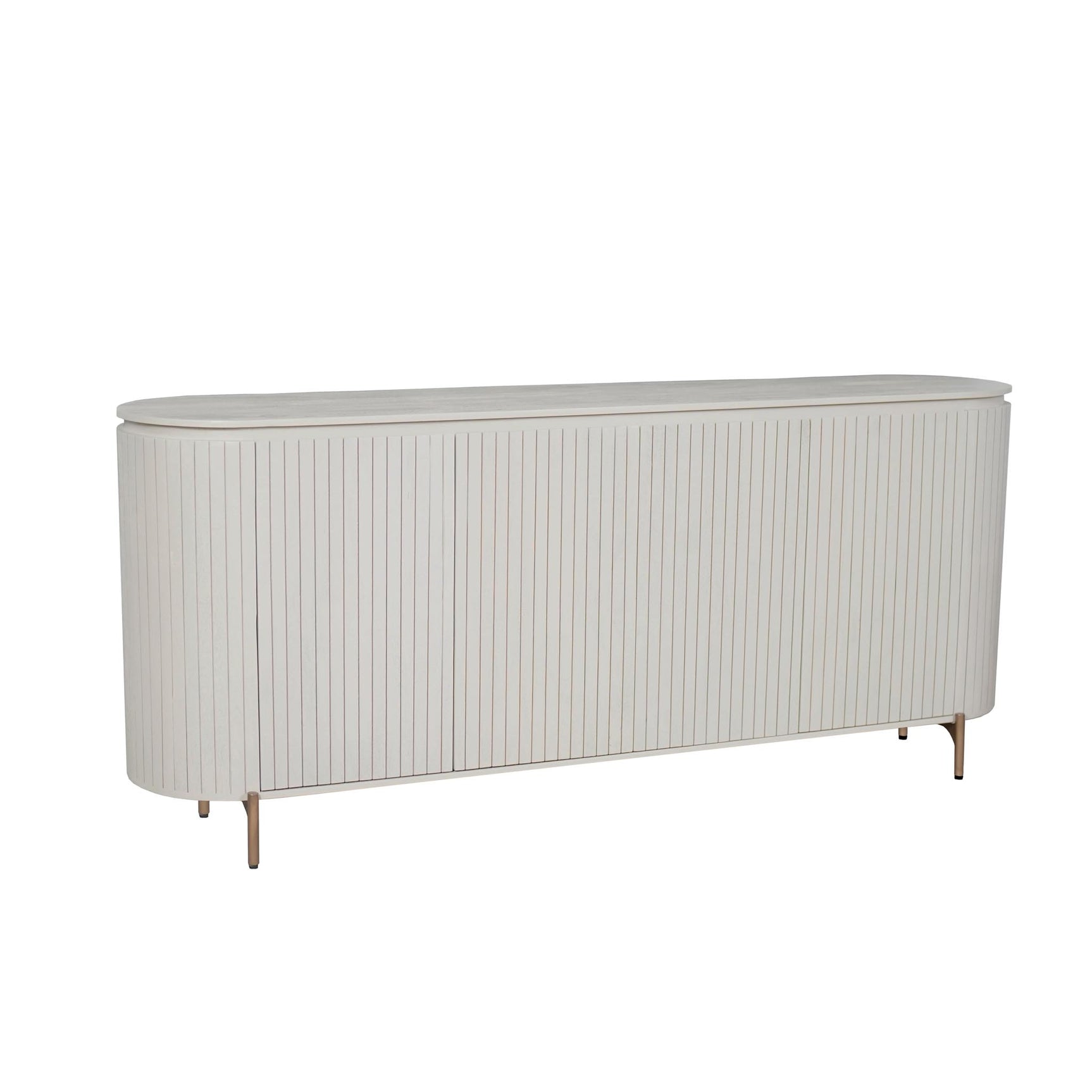 Zandkleurig dressoir met geribde frontpanelen en slanke houten poten