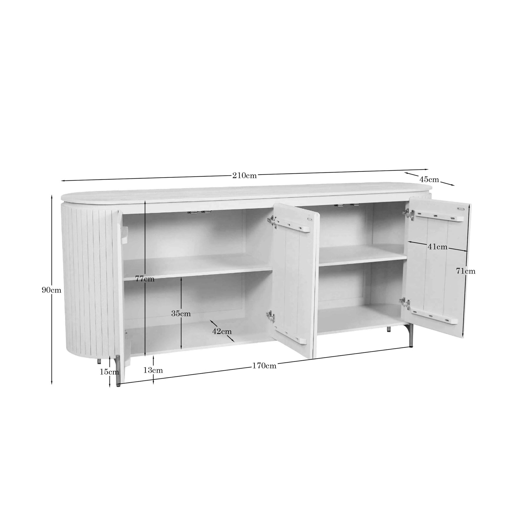 Zandkleurig dressoir met open opbergruimte en afmetingen tot 210 cm