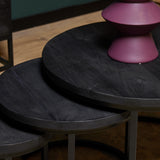 Zwarte ronde salontafel met houtnerf blad en rond onderstel, set van 3.