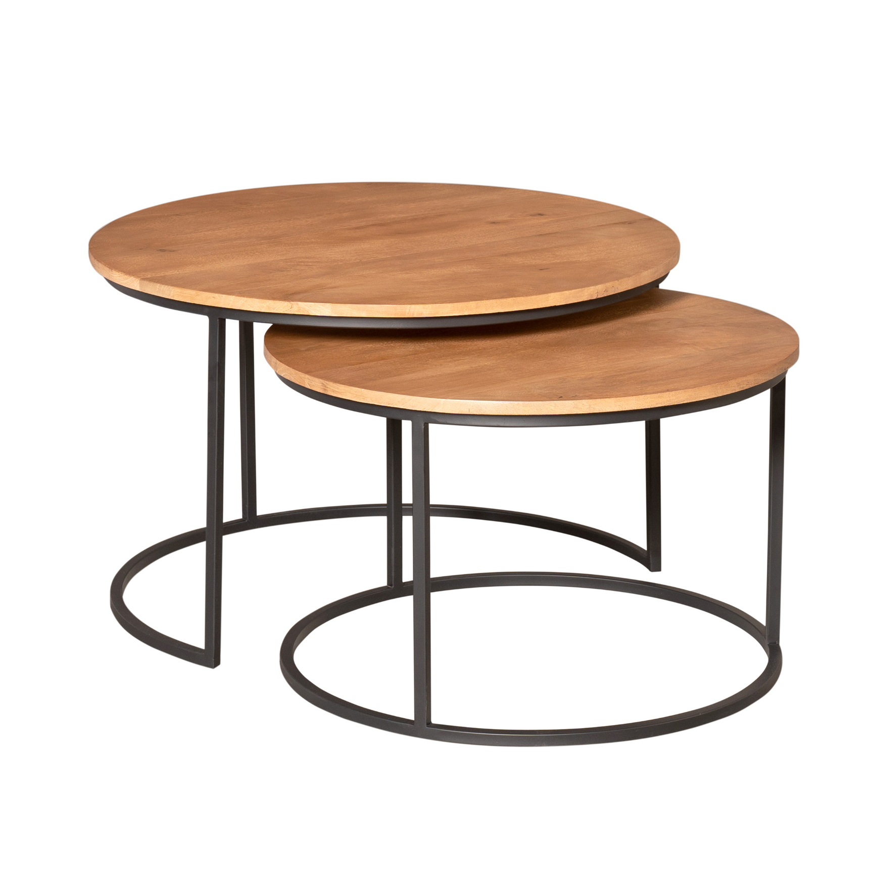 Dubbele ronde salontafelset met houten bovenbladen en zwart metalen frames