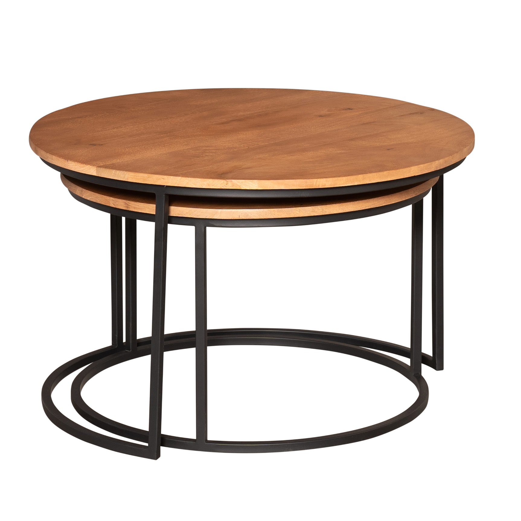 Ronde salontafel met twee niveaus: houtkleurig blad en zwart metalen frame