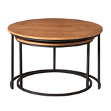 Ronde salontafel met houtkleurig blad, onderste ring en zwart metalen poten