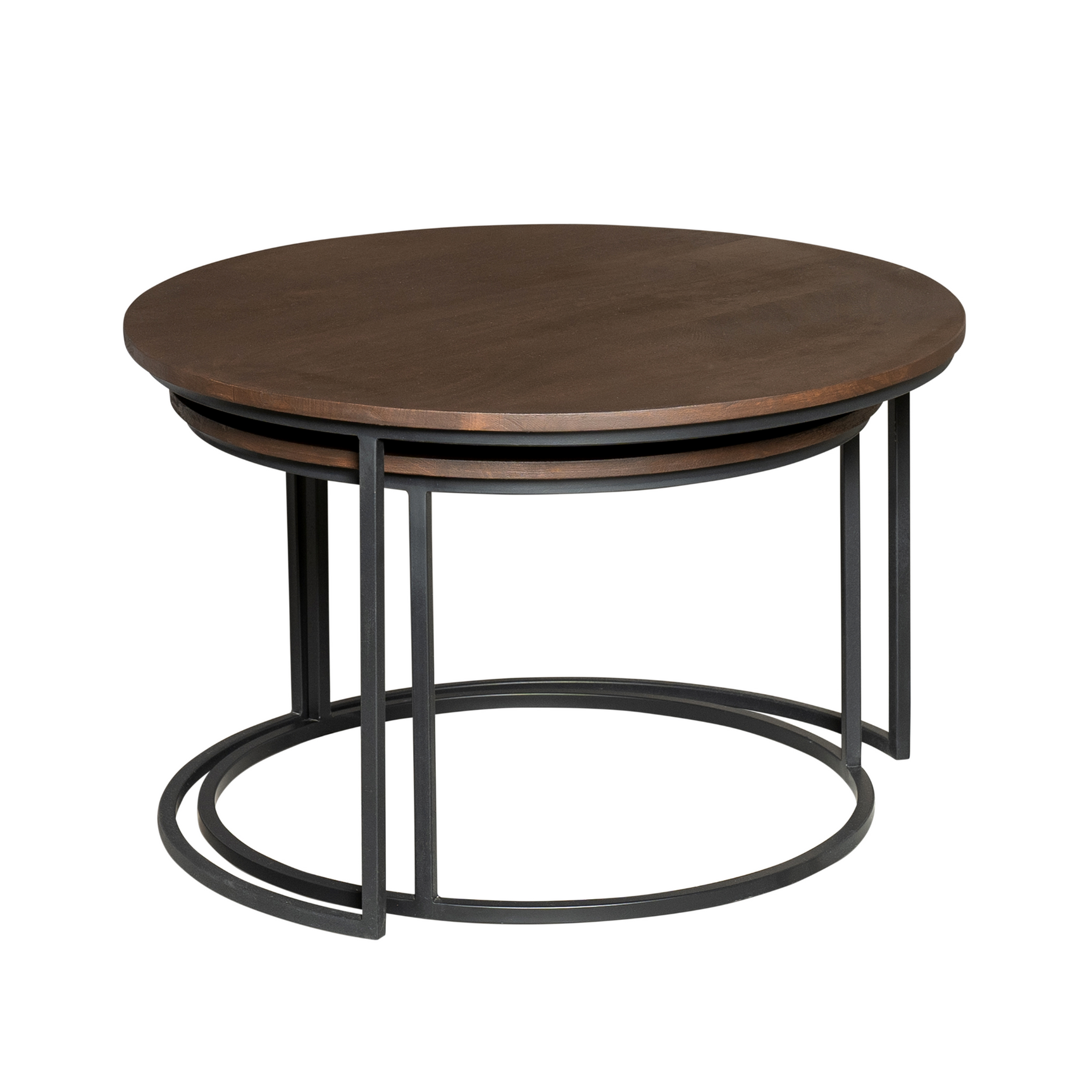 Ronde salontafel met donkerbruin blad en zwart metalen onderstel met ringvorm