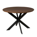 Ronde eettafel met bruin blad en zwarte kruisvormige poten