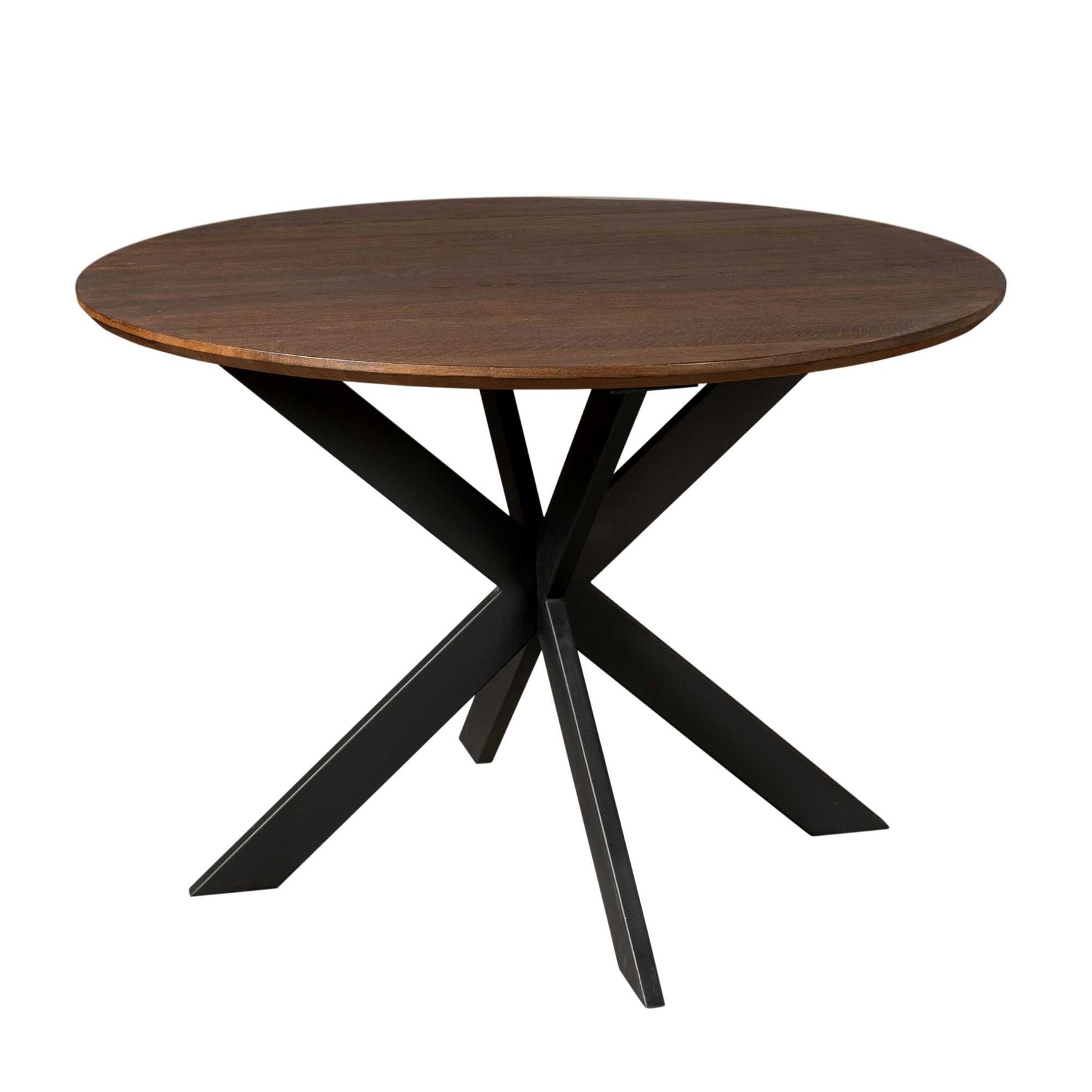 Ronde eettafel met bruin blad en zwarte kruisvormige poten