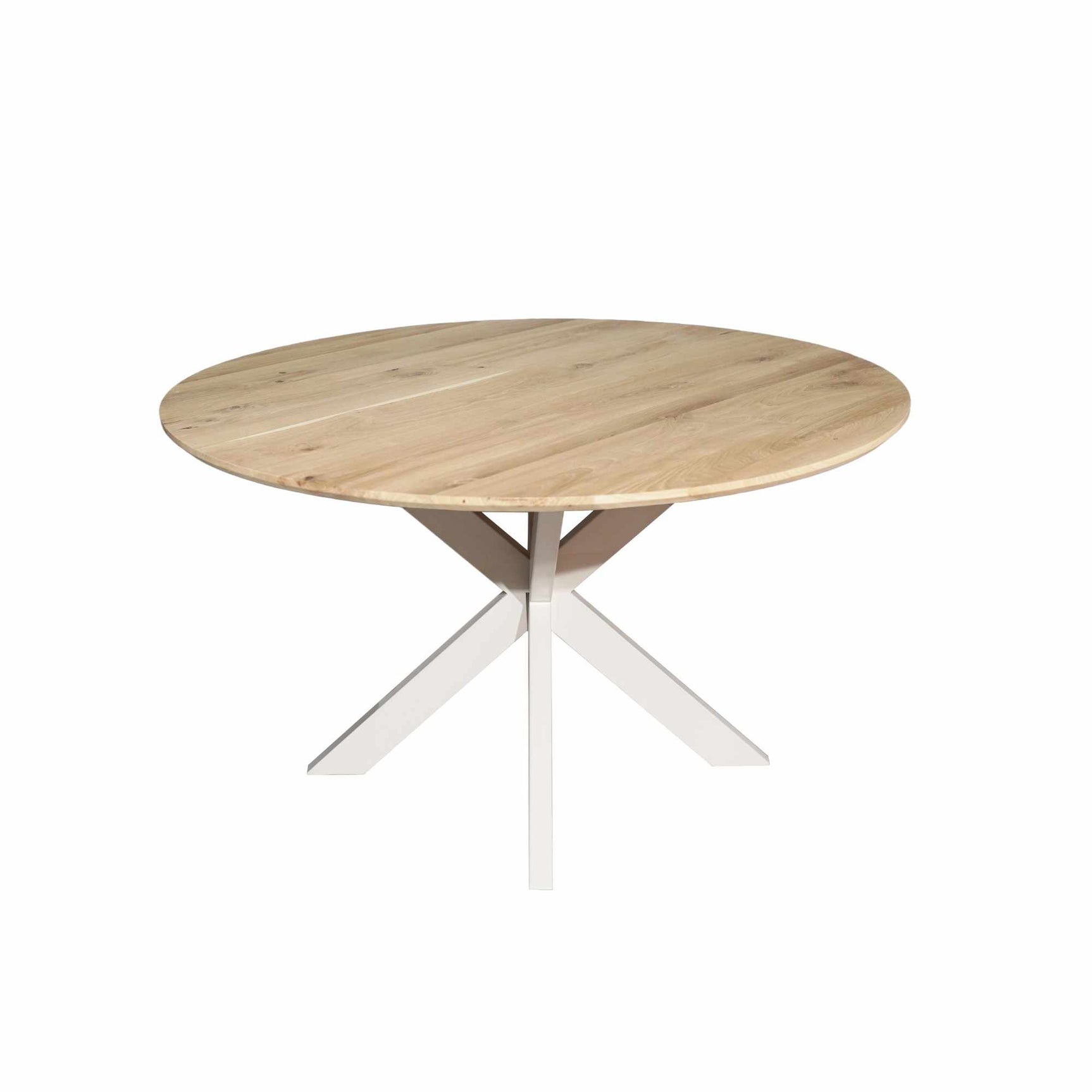 Ronde eiken eettafel met naturel blad en metalen frame met drie poten