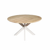 Ronde eiken eettafel met naturel rond tafelblad en uitlopende pootjes