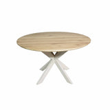 Ronde eiken eettafel met naturel tafelblad en driepoot-achtige kruispoten