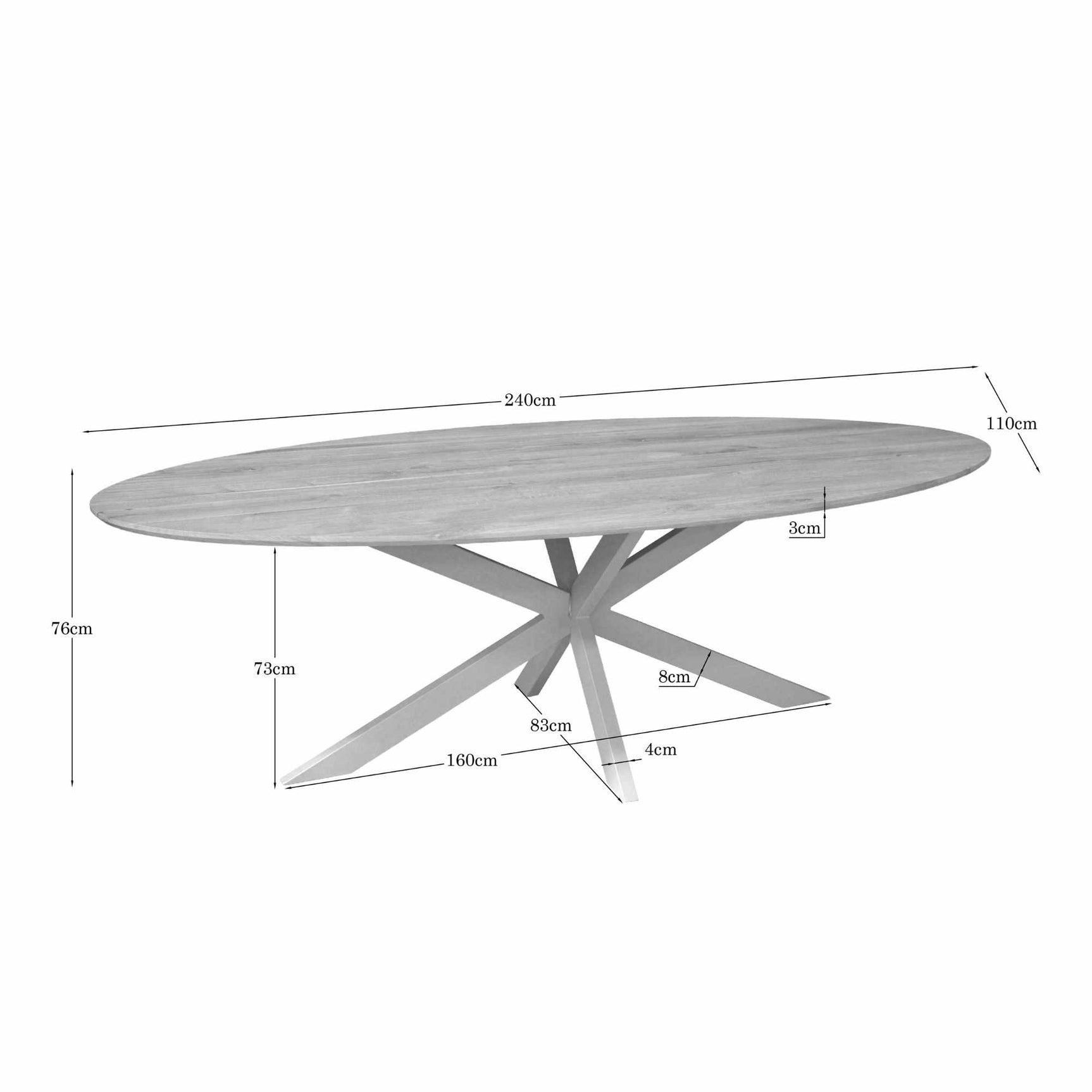 Ovale eettafel met naturel blad en kruispoten; schematische afmetingen.