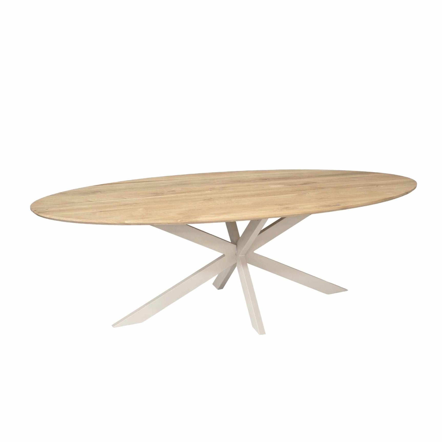 Ovale eettafel met licht eiken nerfblad en kruisende poten in wit-beige
