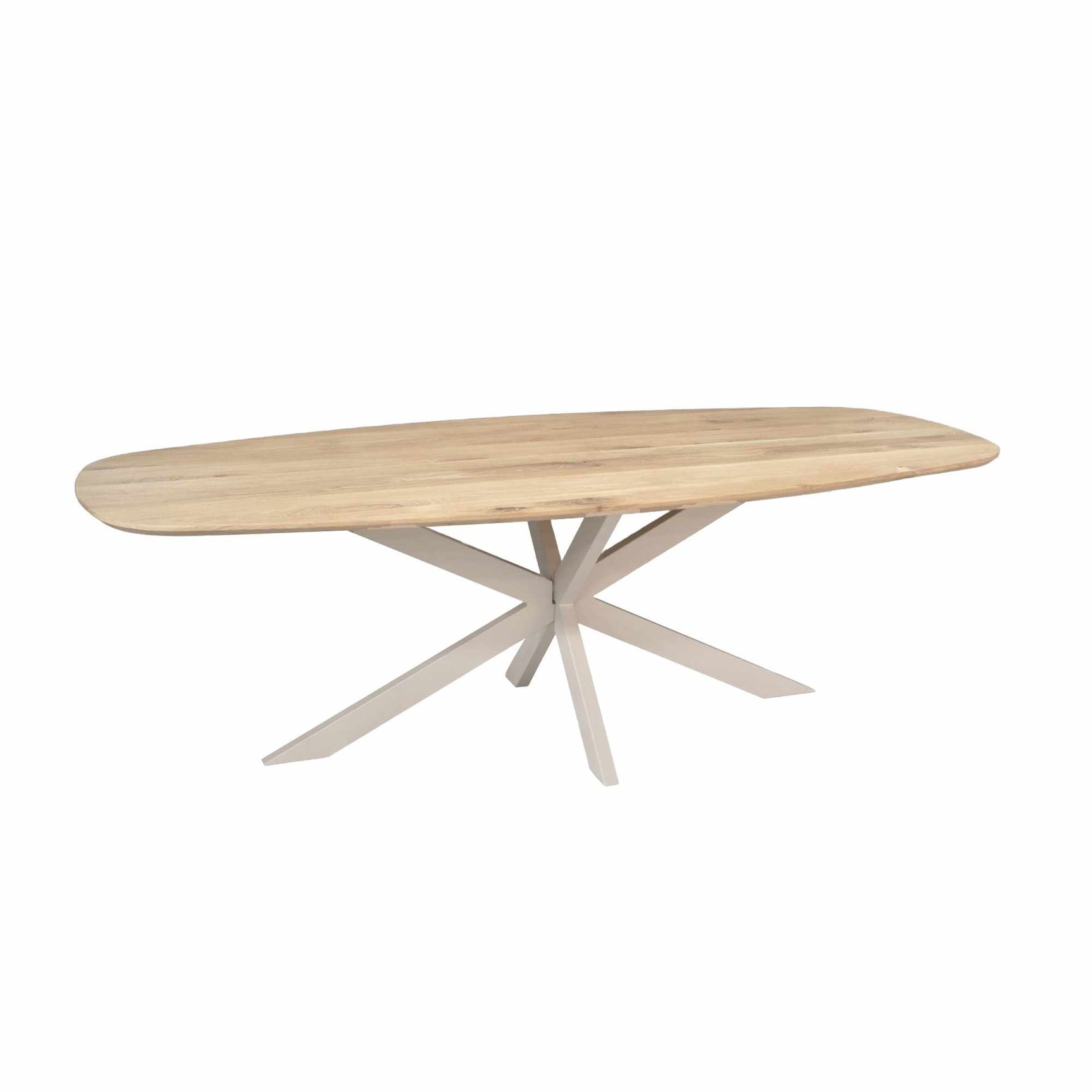 Eiken ovale eettafel met naturel blad en kruispoten in zandkleurig hout