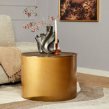 Gouden ronde salontafel Fiore met vlakke bladtop en cilindrische basis; zwarte decor.
