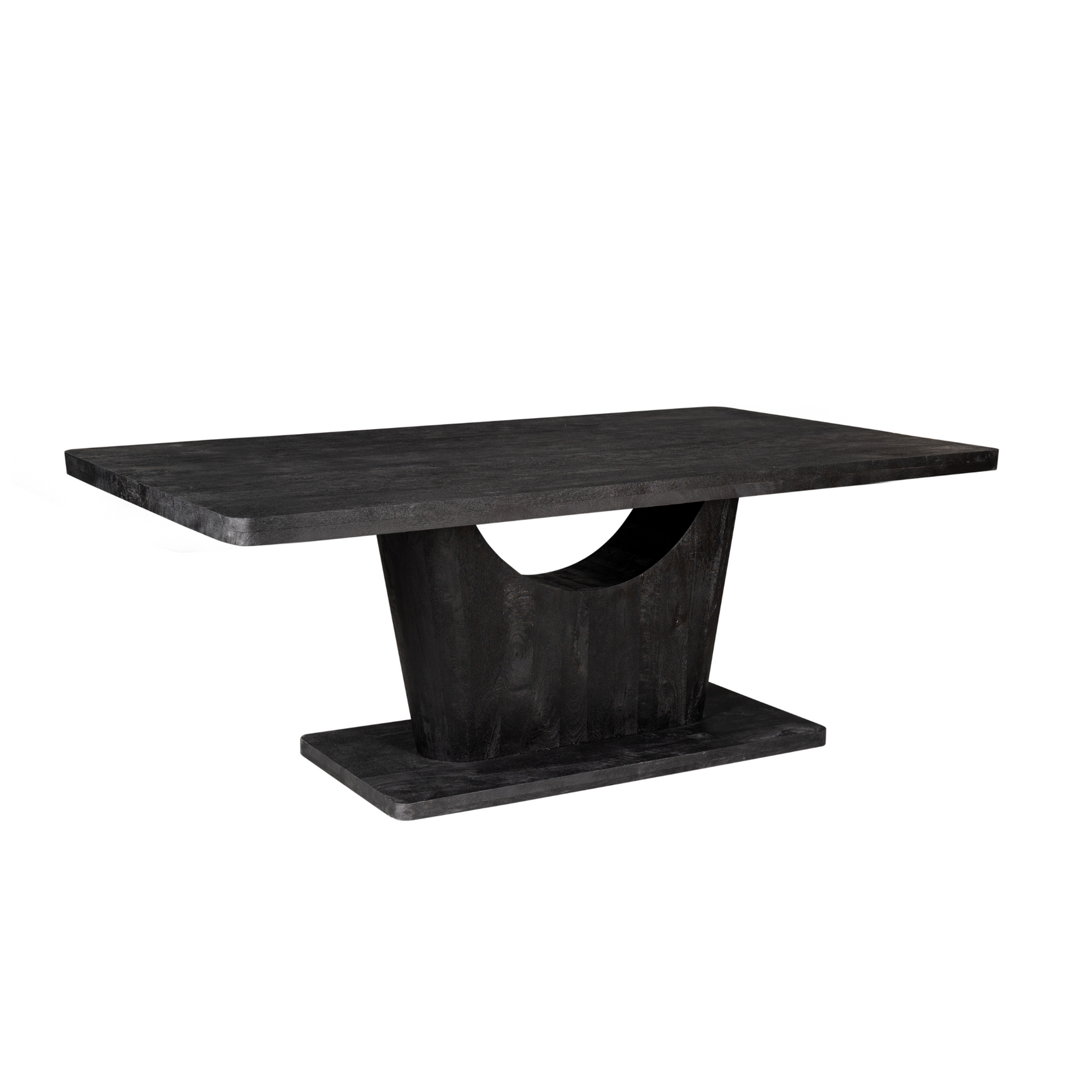 Zwarte eettafel met rechthoekig blad en stevige centrale poot, houtnerfafwerking.