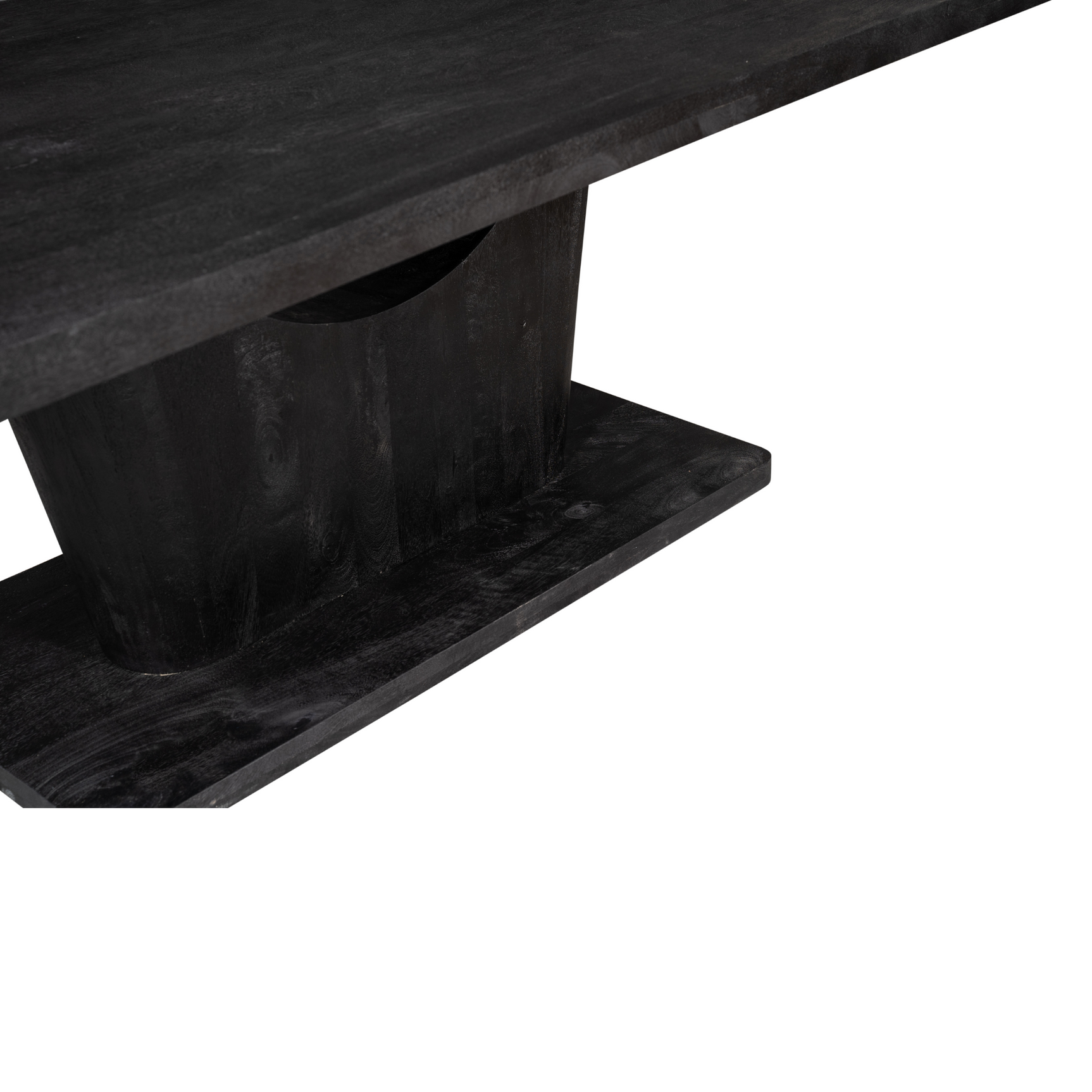 Zwarte eettafel, close-up van bladrand en centrale poot met houtnerf en glans.