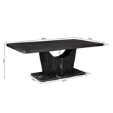 Zwarte eettafel 200×110×75 cm, centraal onderstel met houtnerf blad.