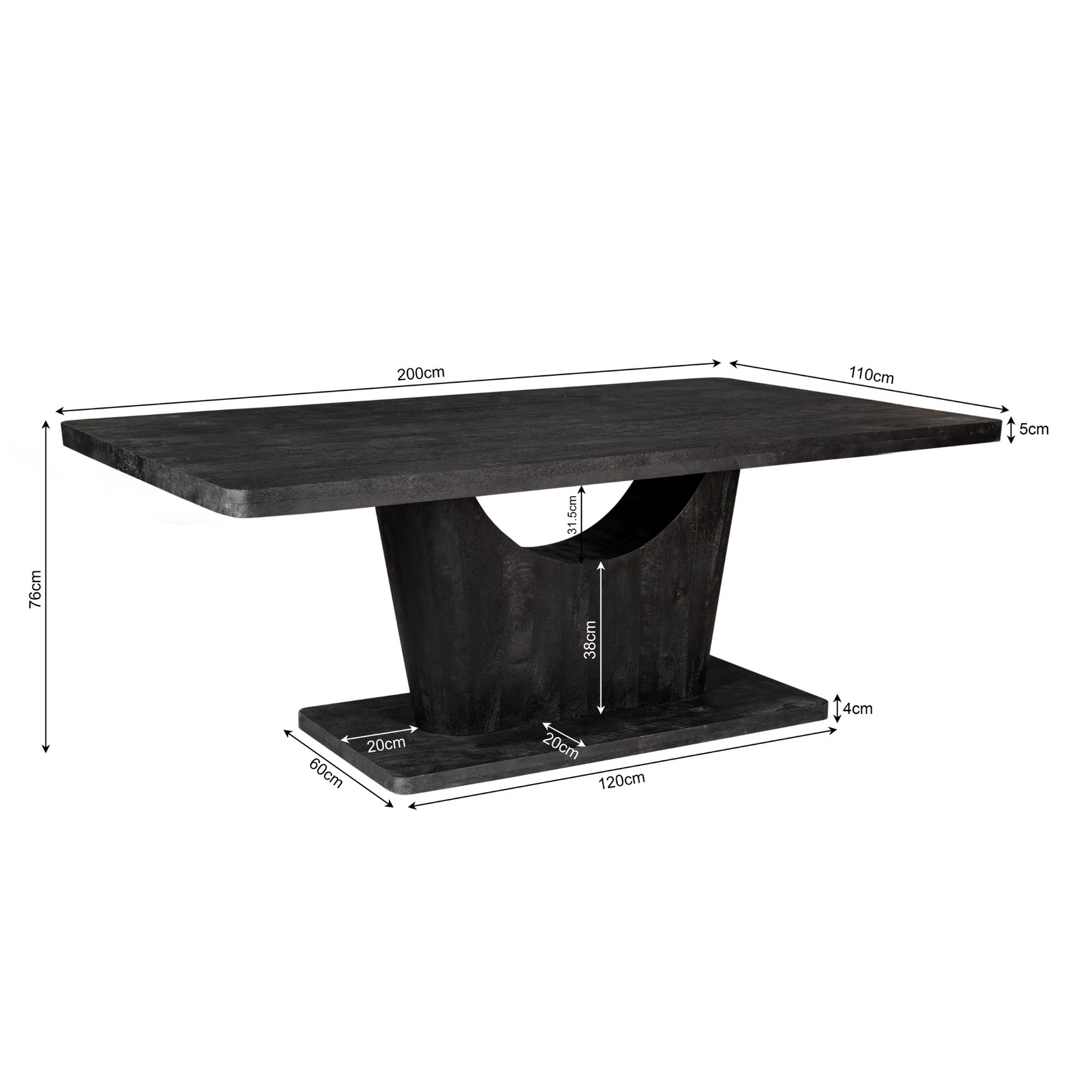 Zwarte eettafel 200×110×75 cm, centraal onderstel met houtnerf blad.