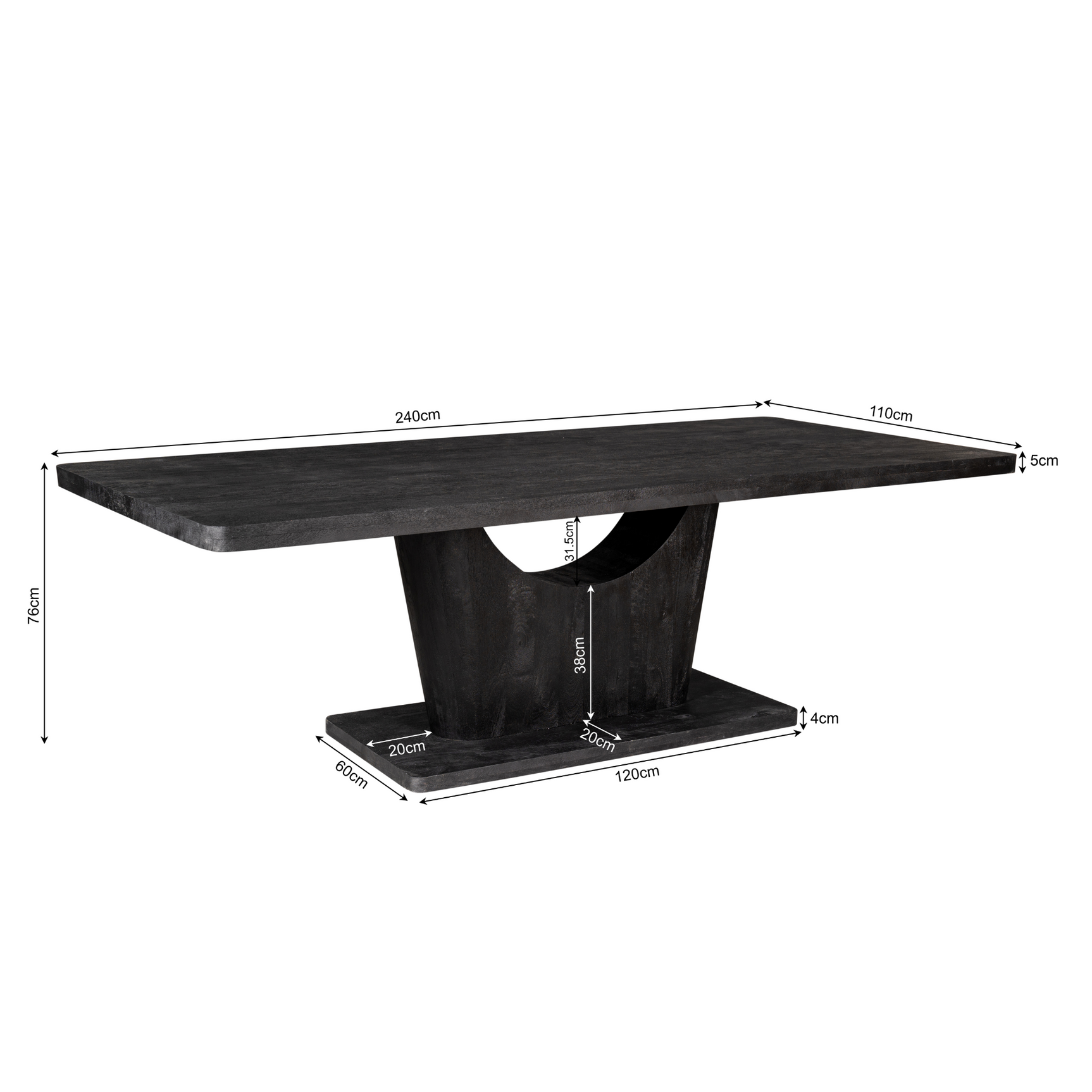 Zwarte eettafel met rechthoekig blad, centrale poot en zichtbare afmetingen.