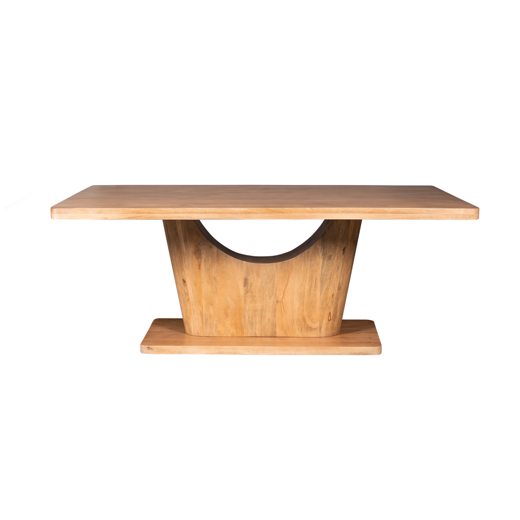 Eettafel met naturel houten blad en centrale poot met ronde uitsparing