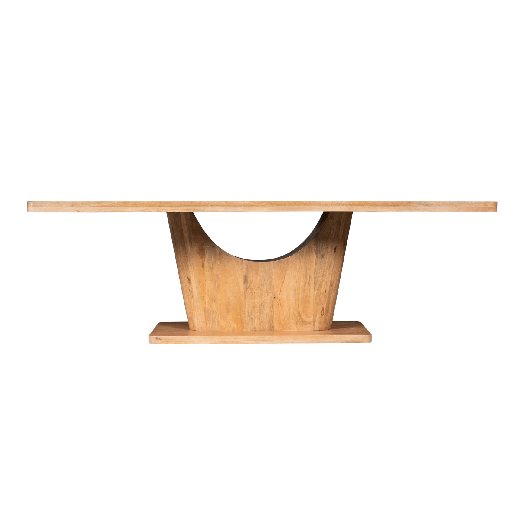 Eettafel met naturel houten tafelblad en brede middenpoot met ronde opening