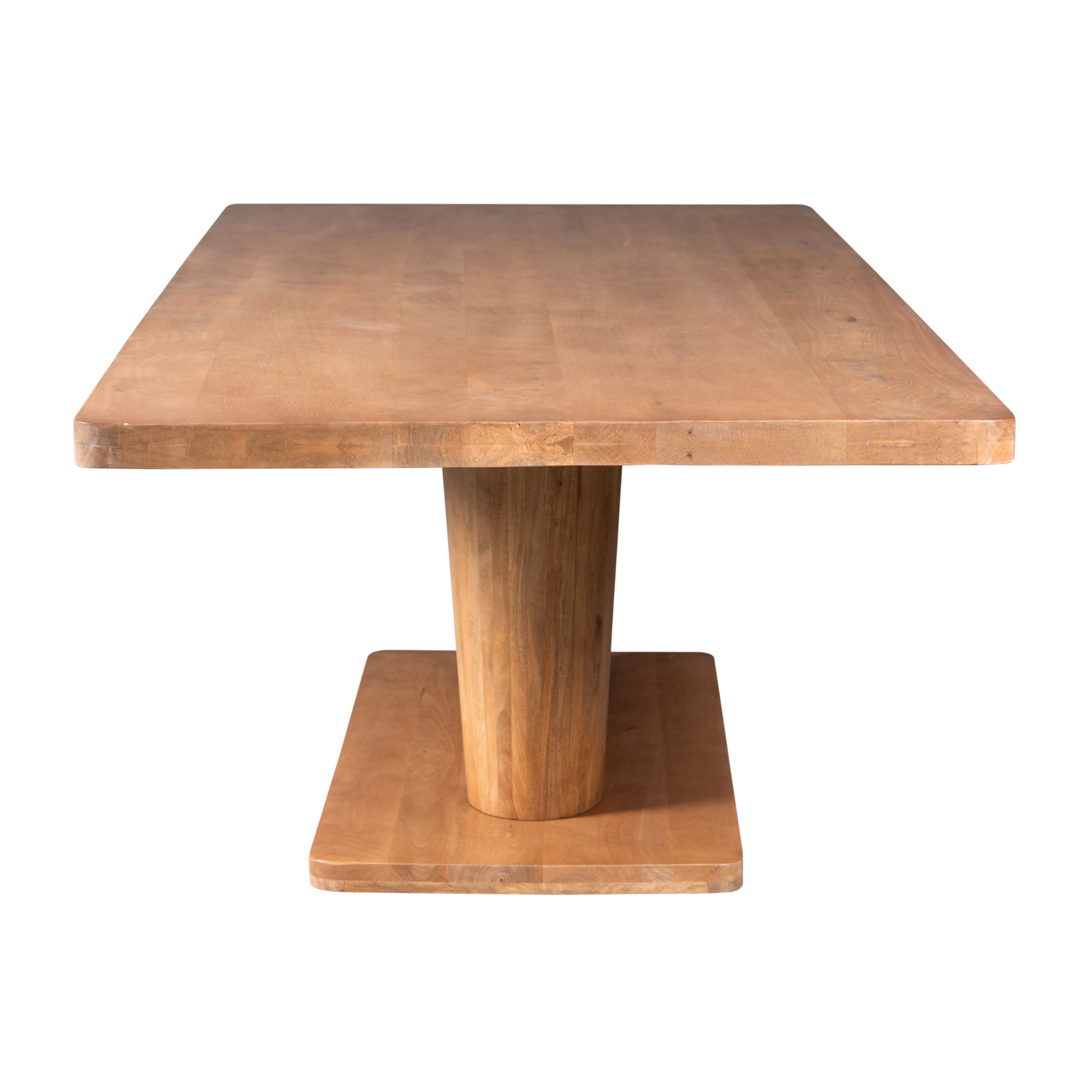 Eettafel van naturel hout met vierkante voet en brede centrale middenpoot