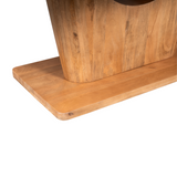 Eettafel: detail van voetplaat en verticale middenpoot in naturel hout