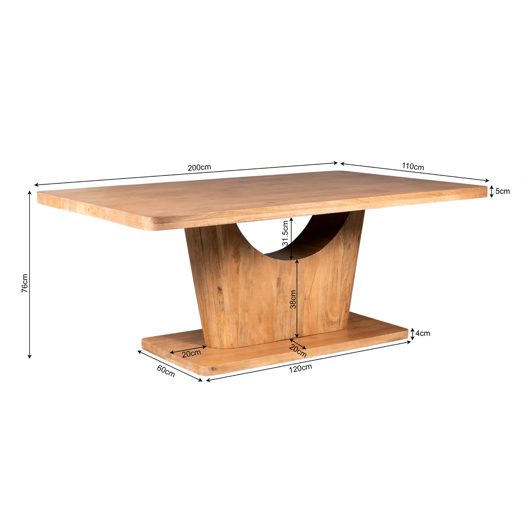 Eettafel van naturel hout met afmetingen: 200 cm breed en 75 cm hoog