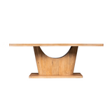 Eettafel met naturel houten blad en centrale middenpoot met ronde uitsparing