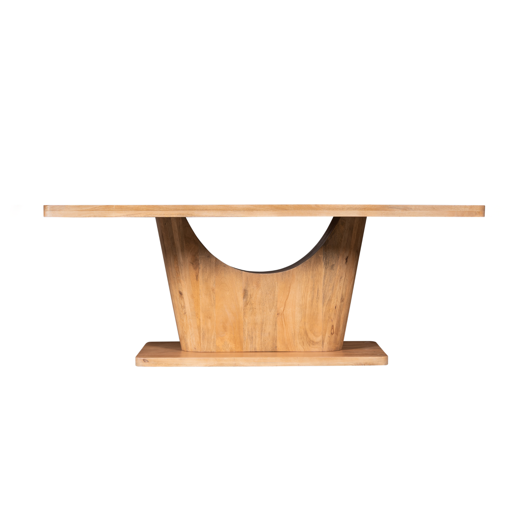 Eettafel met naturel houten blad en centrale middenpoot met ronde uitsparing