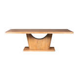 Naturel houten eettafel met rechthoekig blad en centrale poot met ronde uitsparing