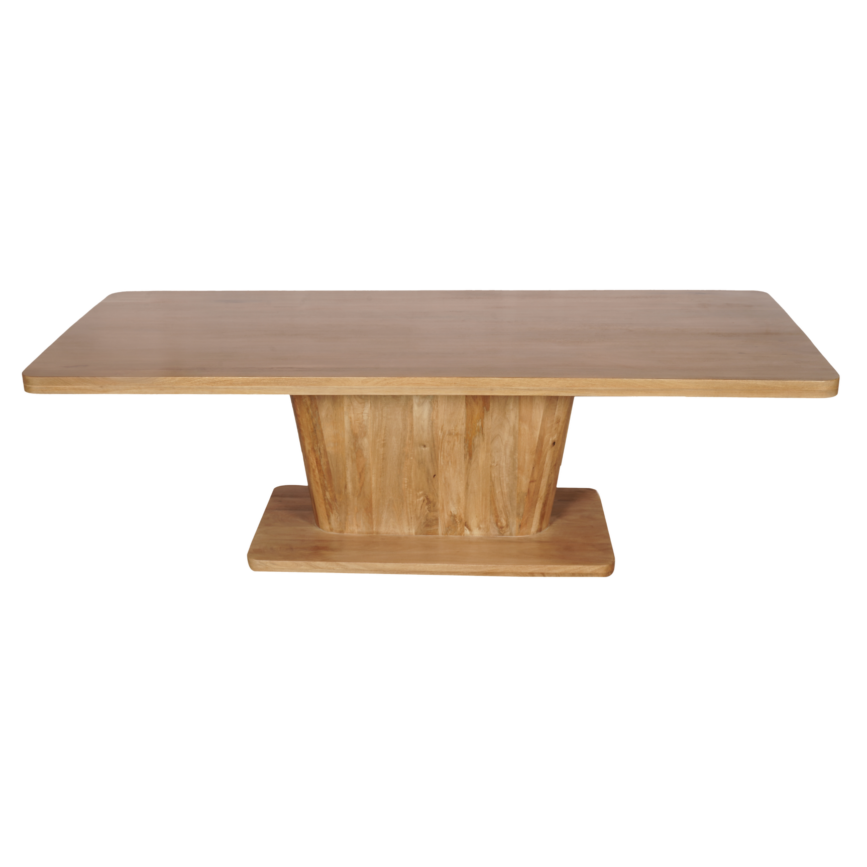 Eettafel Voco met rechthoekig naturel houten blad en centrale poot, licht afgerond.