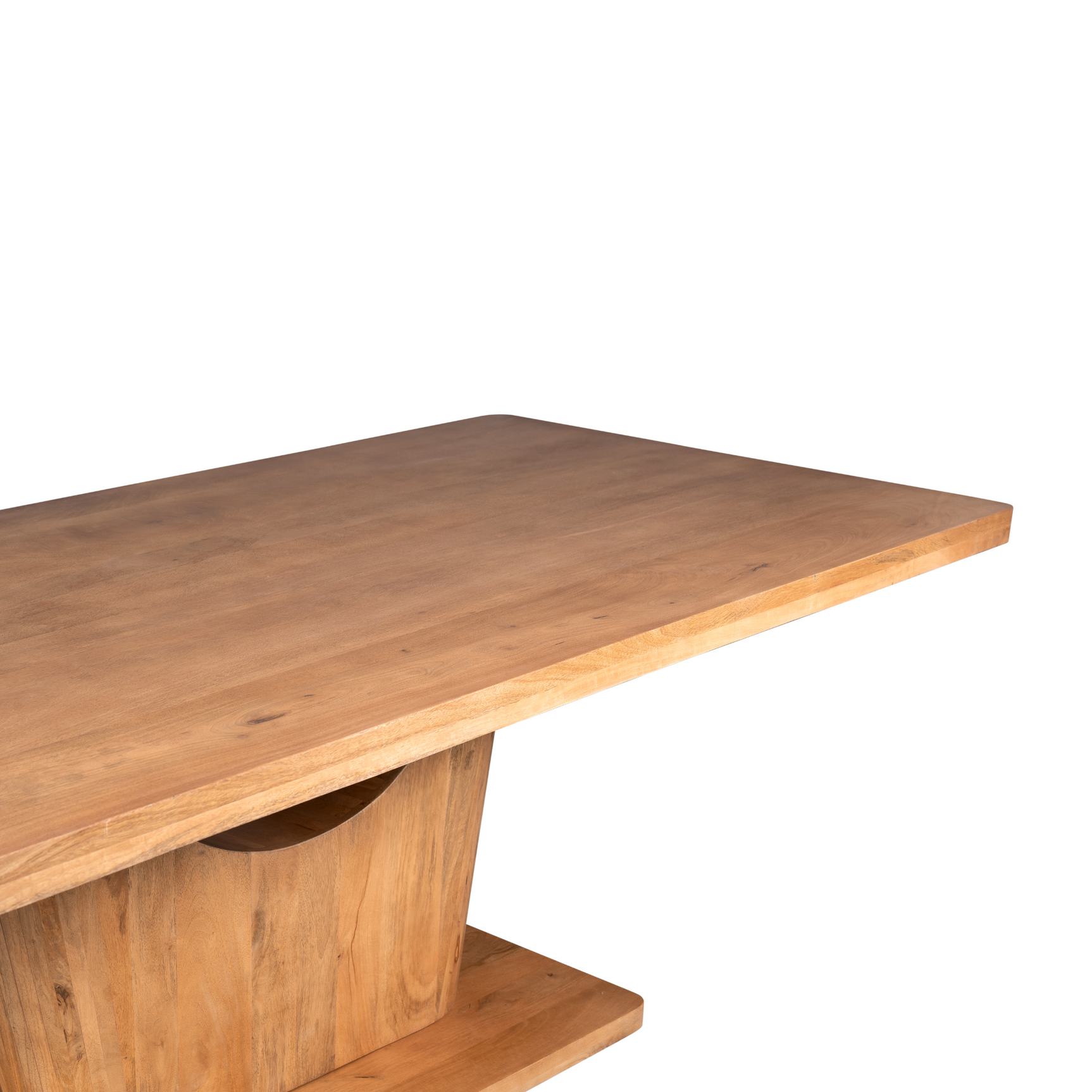 Naturel houten eettafel detail van het blad met centrale poot en onderplank
