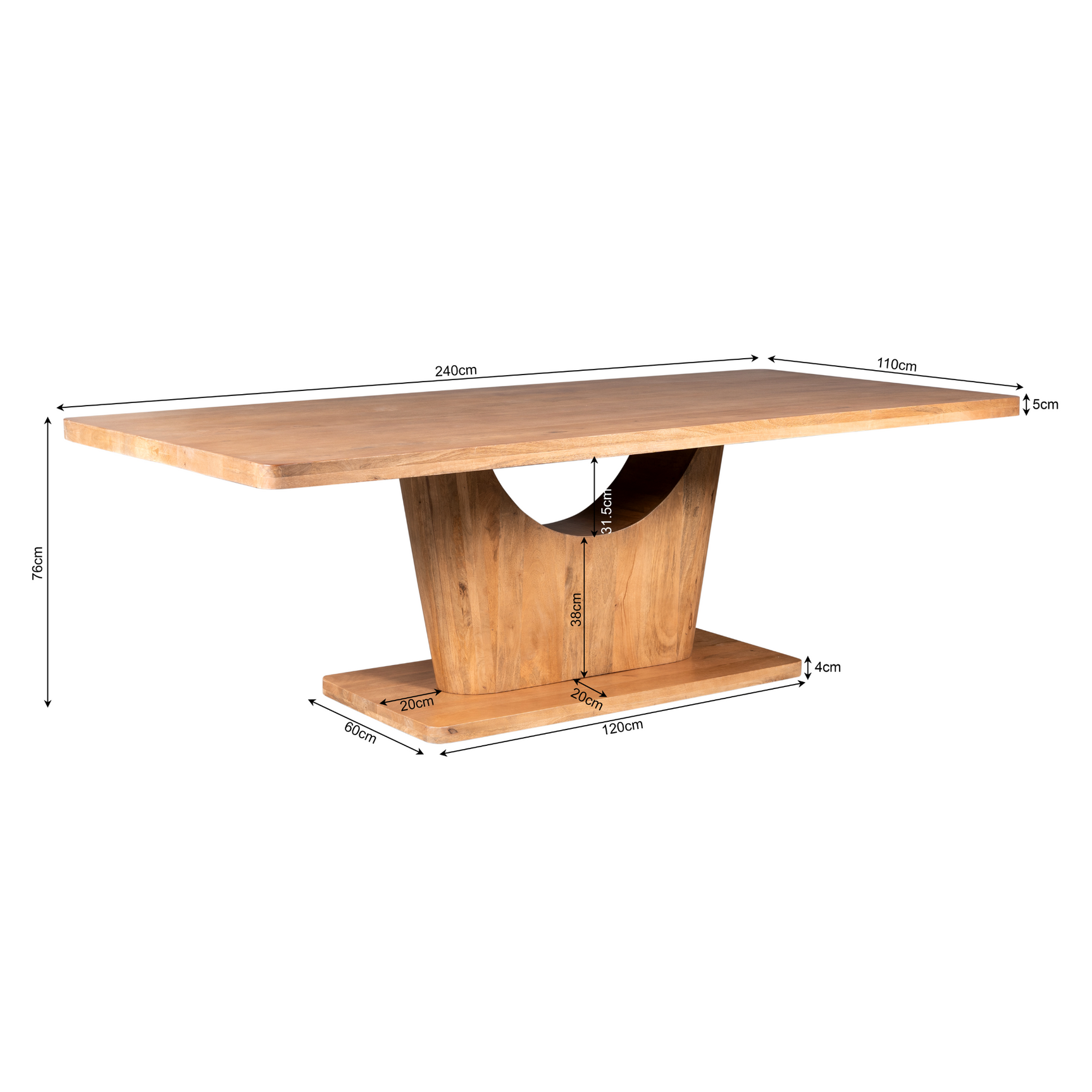 Naturel houten eettafel met afmetingen in cm: 240x190 en 75 cm hoogte