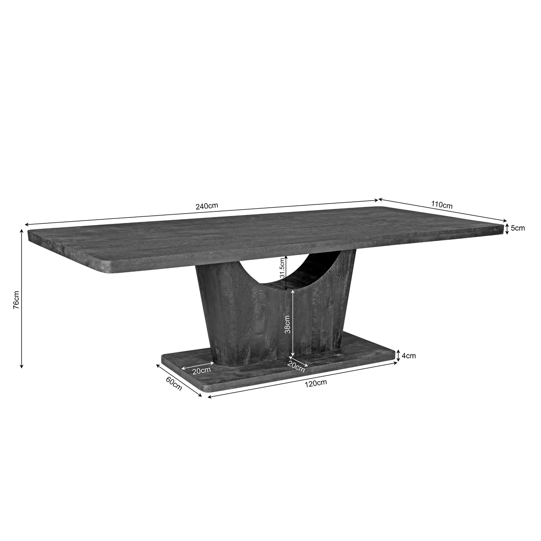 Eettafel Voco met afmetingen 240x110 cm en hoogte 75 cm, bruin met centrale poot