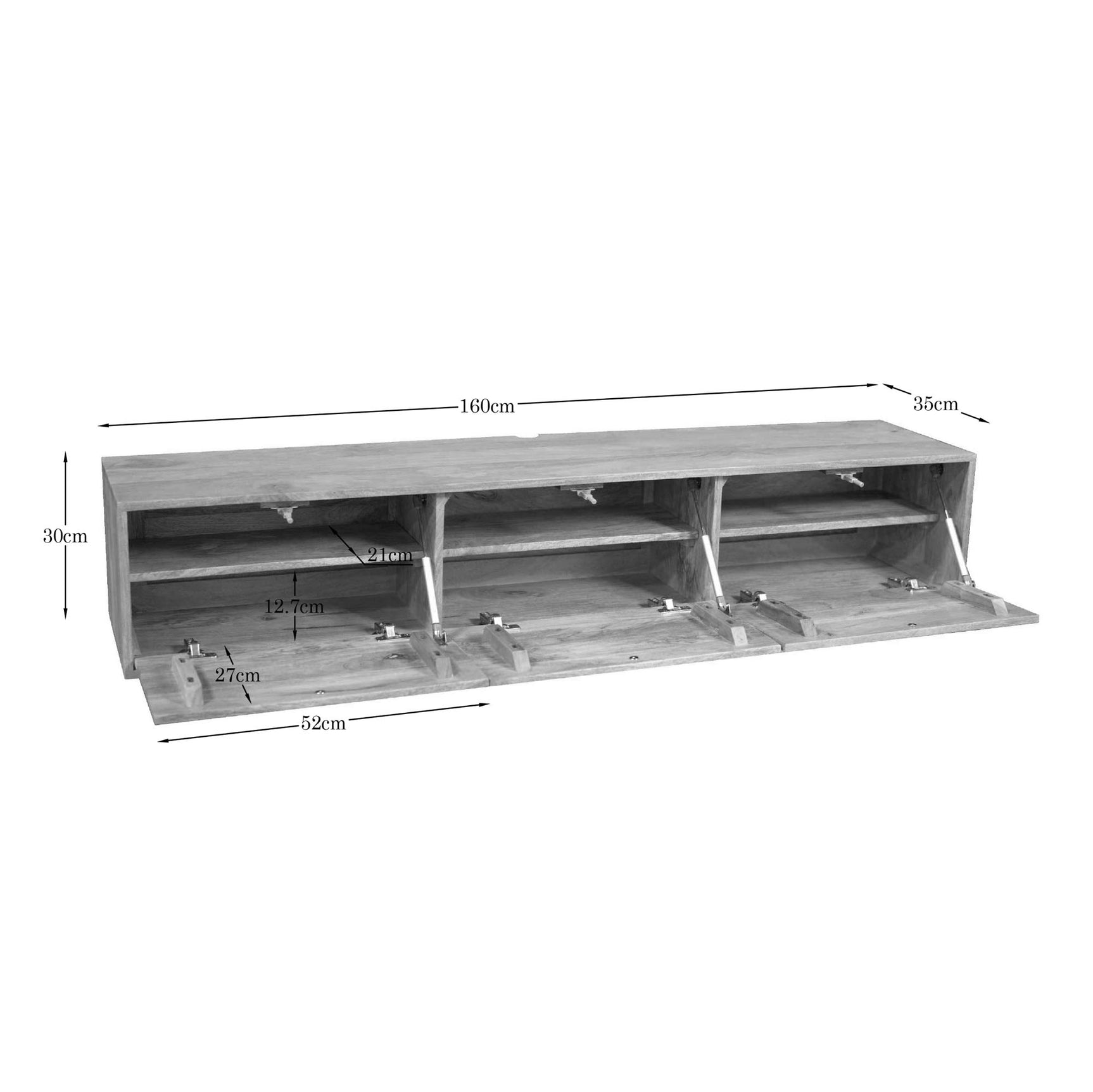 Mangohouten zwevend tv-meubel met maatvoering: 160 cm breed, 35 cm hoog en 30 cm diep