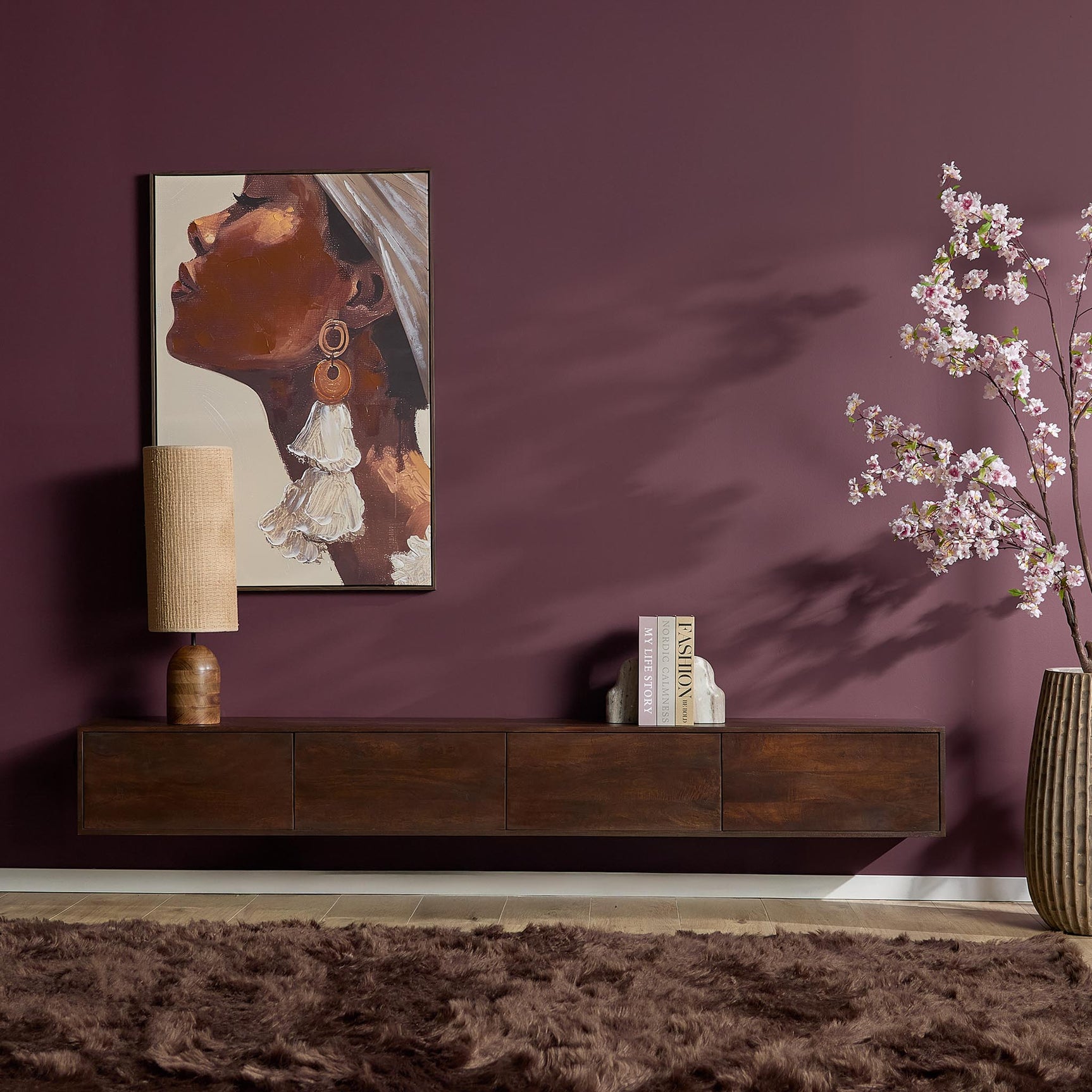 Zwevend tv-meubel Vision bruin hout met 4 ladenfronten en een lage, brede kast