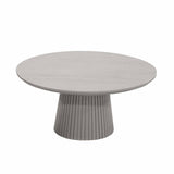 Ronde salontafel Solana taupe, zijaanzicht van geribde cilindervoet onder blad.