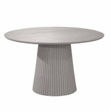 Ronde eettafel met taupe blad en taps toelopende, gestreepte voet.