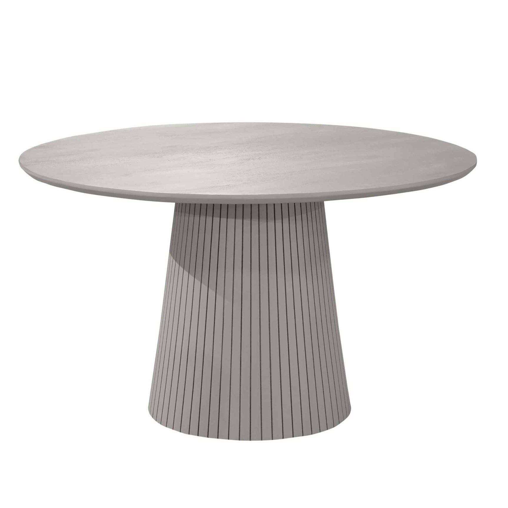 Ronde eettafel met taupekleurig blad en conische poot met verticale groeven