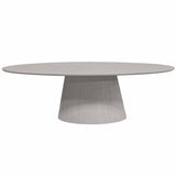 Taupe ovale eettafel met centrale poot en gladde bovenkant