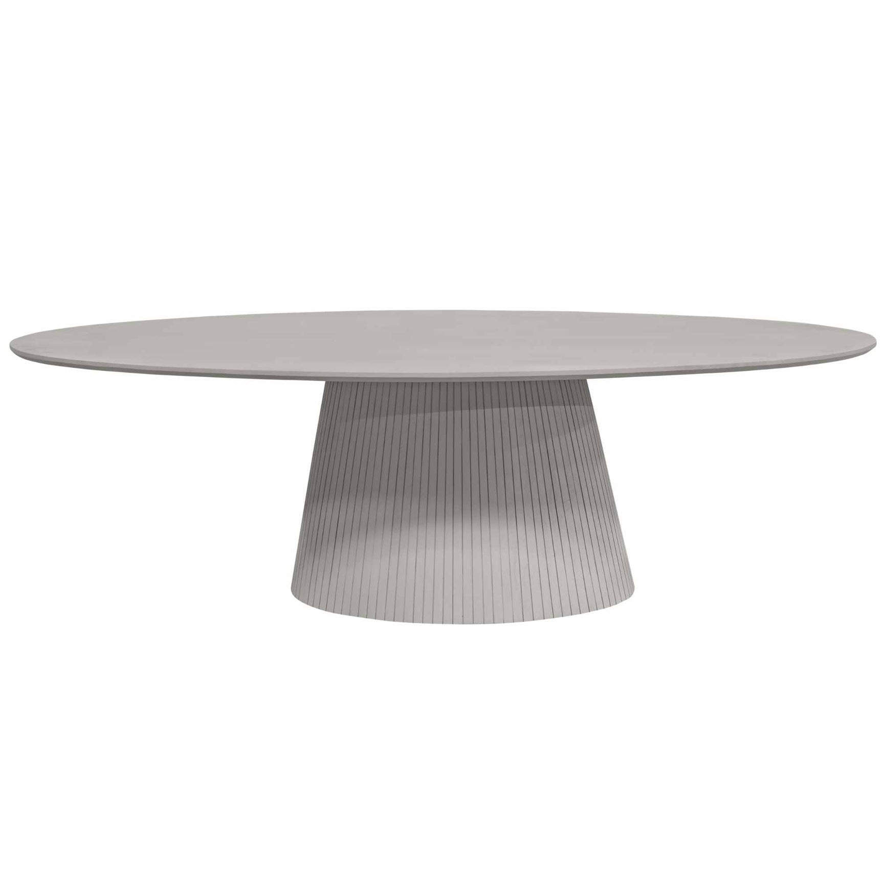 Taupe ovale eettafel met centrale poot en gladde bovenkant