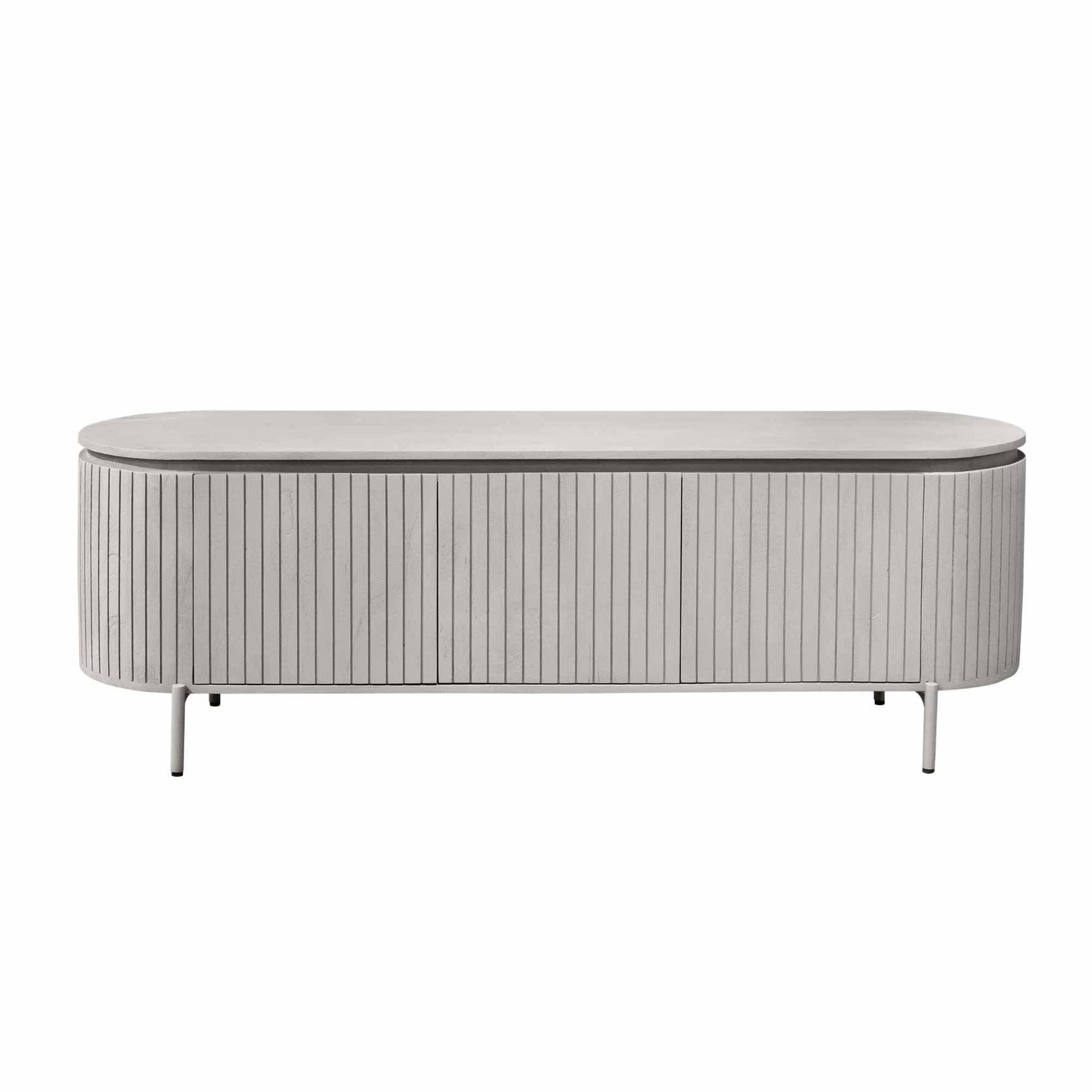 Taupe tv-meubel met rond topblad, geribde panelen en slanke pootjes