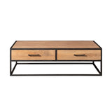 Salontafel met houten blad, twee lades en zwart metalen frame